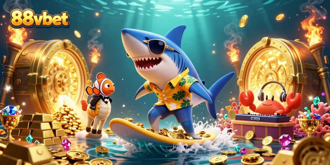 Get ready to win big with 88vbet in this whimsical underwater casino adventure featuring a shark, a clownfish, and a DJ crab.