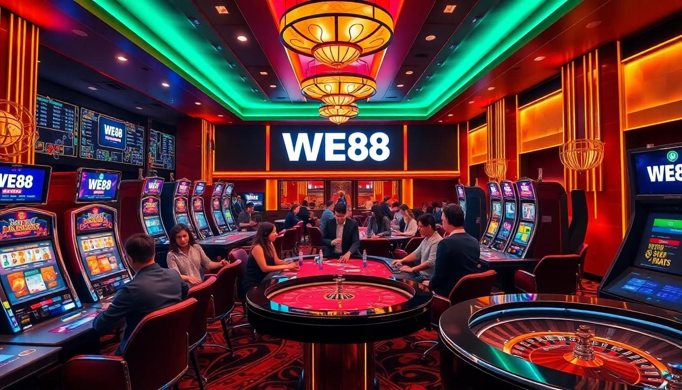 Players enjoying a high-stakes game environment with WE88 branding integrated into a luxurious casino scene.