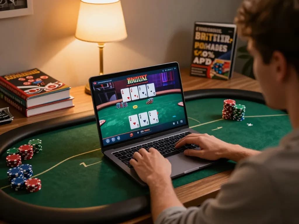 Engaged player strategizing with 33winn online poker game on laptop in cozy home setup.