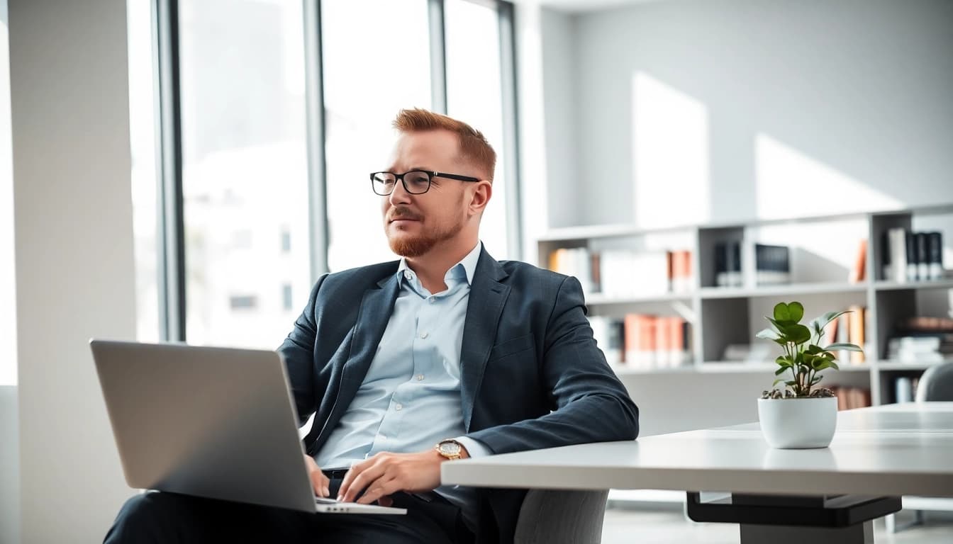 Headhunter Wiesbaden berät Kunden in einem modernen Büro mit Laptop und Literatur.