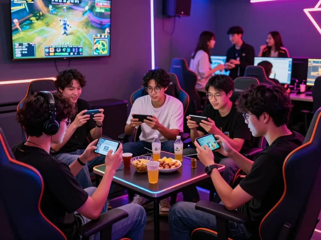 Friends enjoying Go88 gaming experience with tai go88 mobile app in a lively lounge.