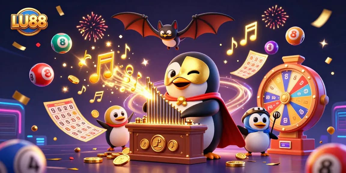 LU88 showcases a vibrant gaming scene with a phantom penguin and bat acrobat, celebrating casino fun.