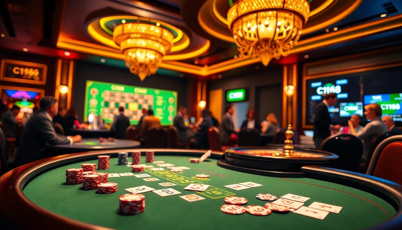 C168 vibrant poker table with chips and cards in a luxurious casino setting.