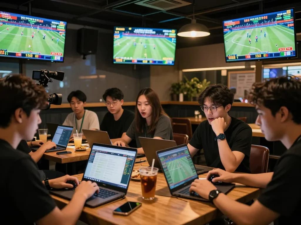 Tỷ lệ kèo nhà cái hôm nay shown on multiple screens in a vibrant sports betting environment.