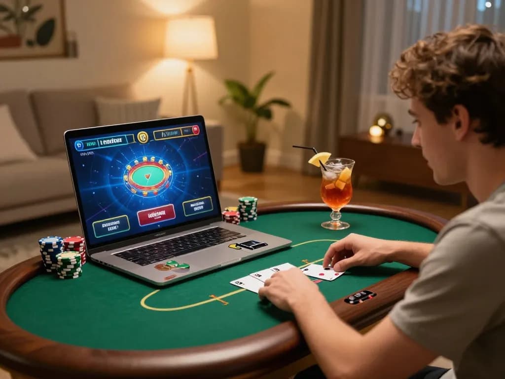 Engaging in online poker at https://555win.cheap/ in a cozy living room with vibrant gaming atmosphere