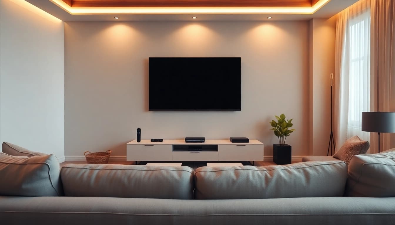 Genießen Sie IPTV in einem eleganten Wohnzimmer mit modernem TV und Sofa.
