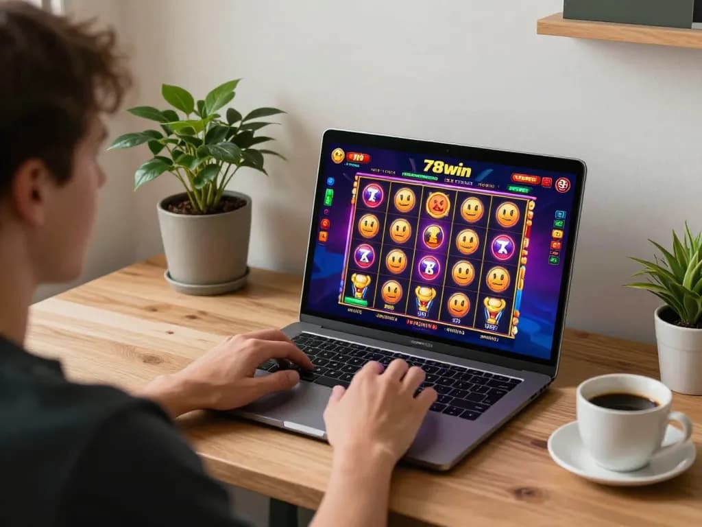 Engaging player spinning reels on 78win online slot machine, showcasing vibrant gaming experience.