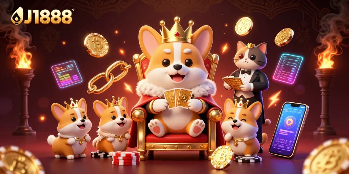 Engage in thrilling gaming with J1888 featuring royal corgi on poker chips throne surrounded by cryptocurrency.