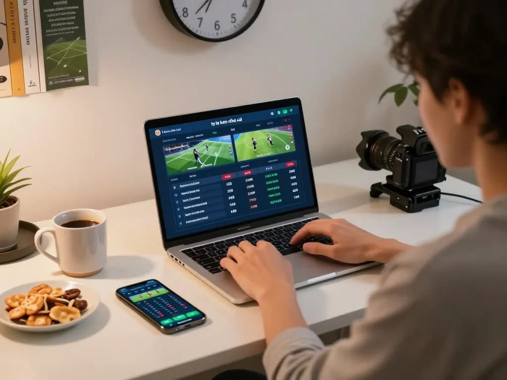 Engaged player analyzing ty le keo nha cai odds on a laptop for sports betting while enjoying a cozy gaming atmosphere.