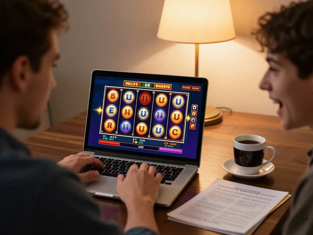 Player engaging with F168 online casino on a laptop, colorful slot game interface visible, cozy atmosphere.