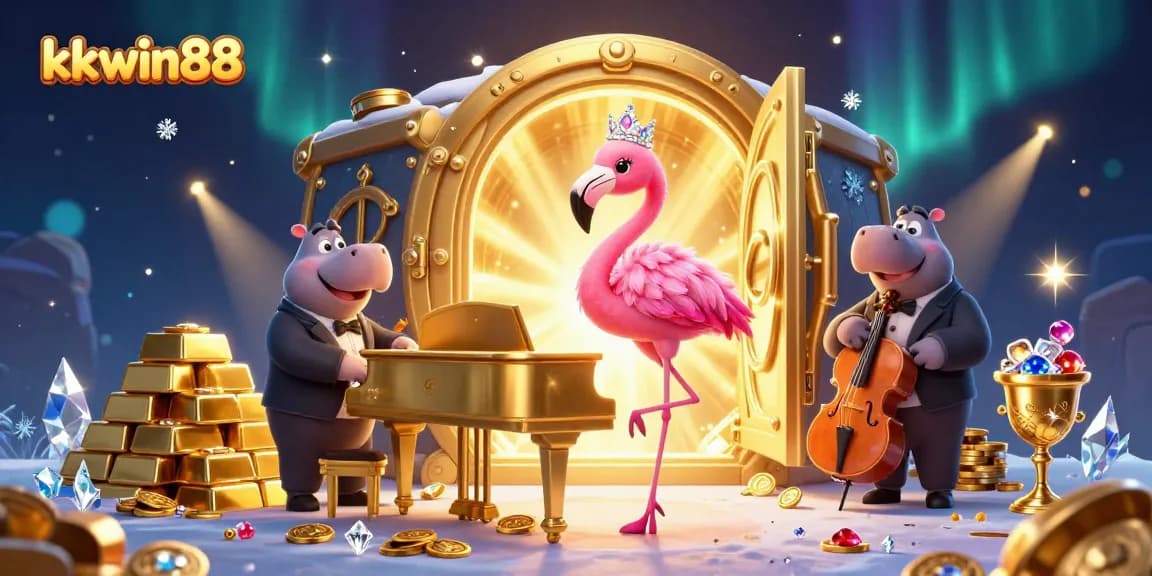 Engage with kkwin88's vibrant gambling scene featuring a flamingo singer and hippo bassist.