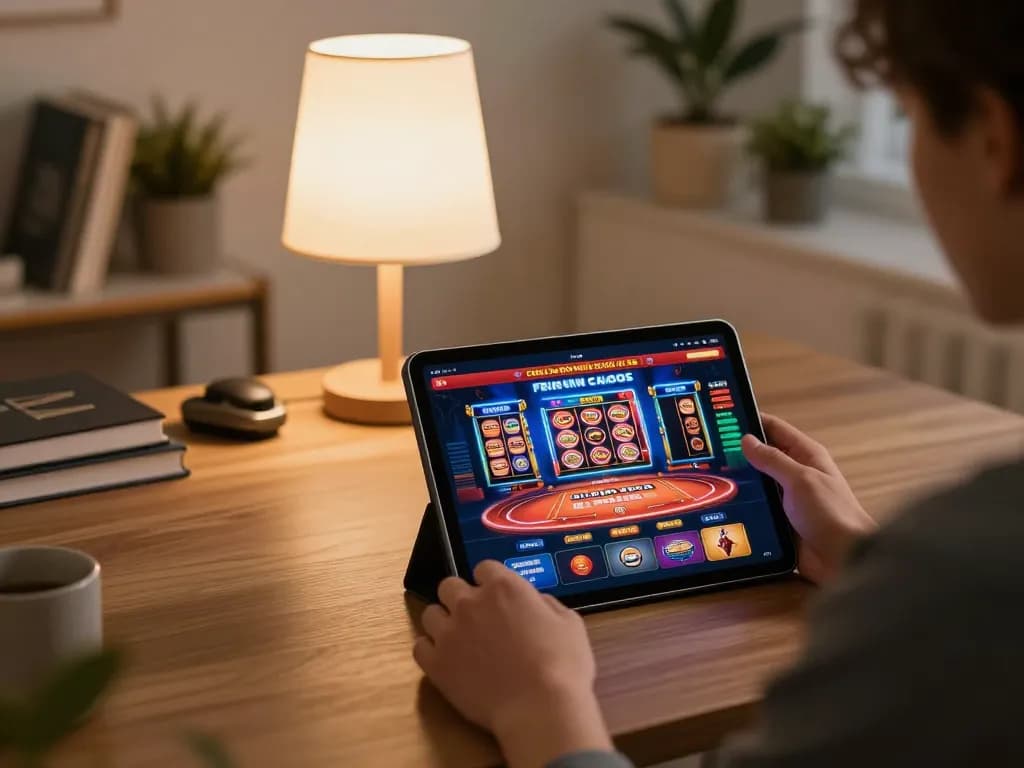 Player enjoying the MMOO casino app on a tablet in a cozy home office, showcasing vibrant game graphics.
