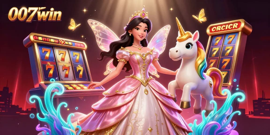 Experience the thrills of 007win with vibrant casino elements, slot reels, and enchanting characters.
