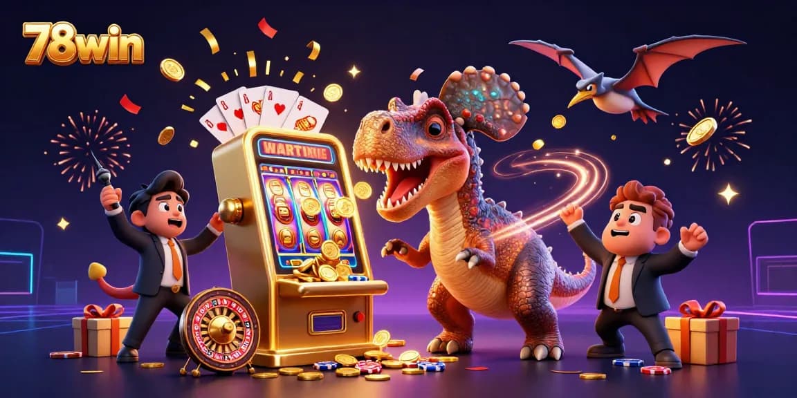 Experience exciting wins at 78win with a dynamic cartoon scene of gaming elements and characters.