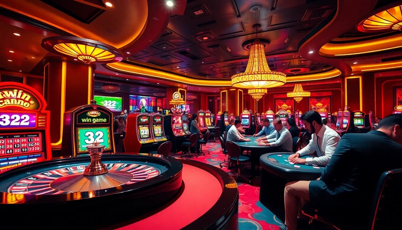 Experience the excitement of the 32 win game with players enjoying vibrant casino activities and slot machines.