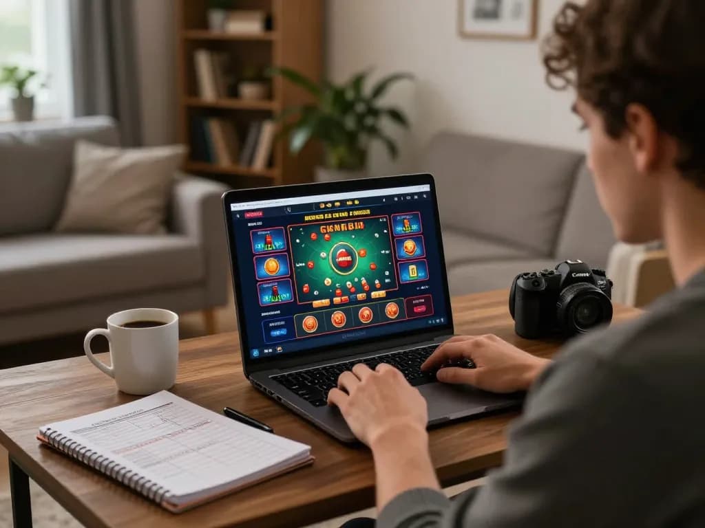 Engaging in online gaming at home with 13win on a laptop, focusing on responsible gambling.