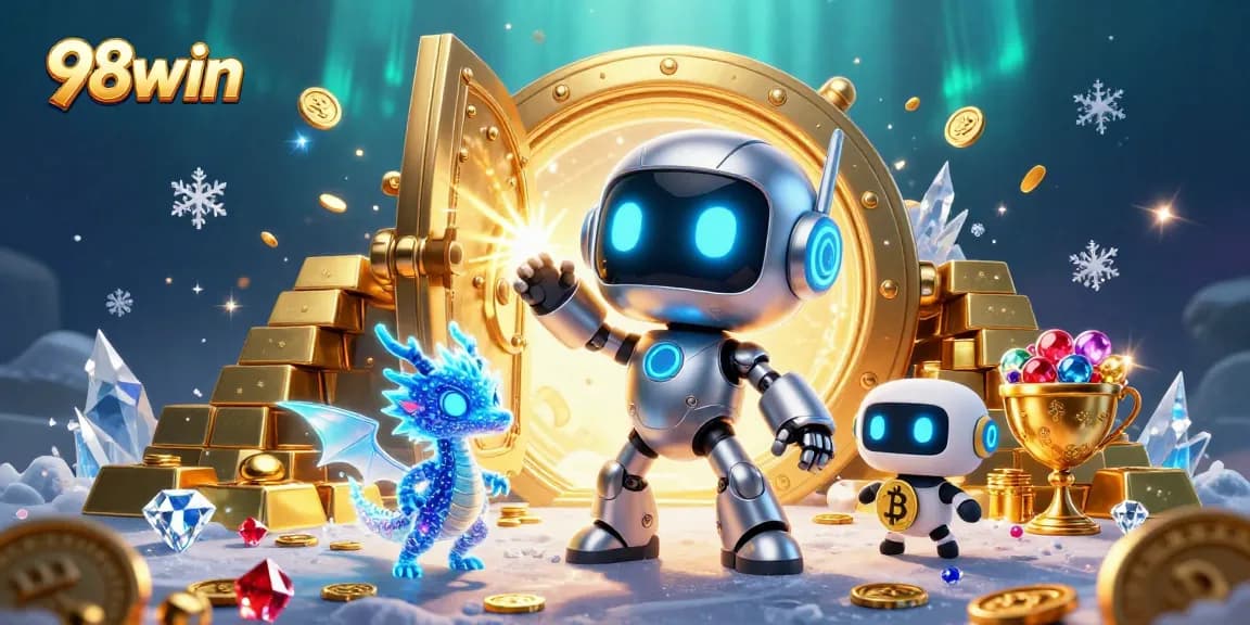 Experience the thrilling world of 98win with a dynamic casino scene featuring engaging game elements and characters.
