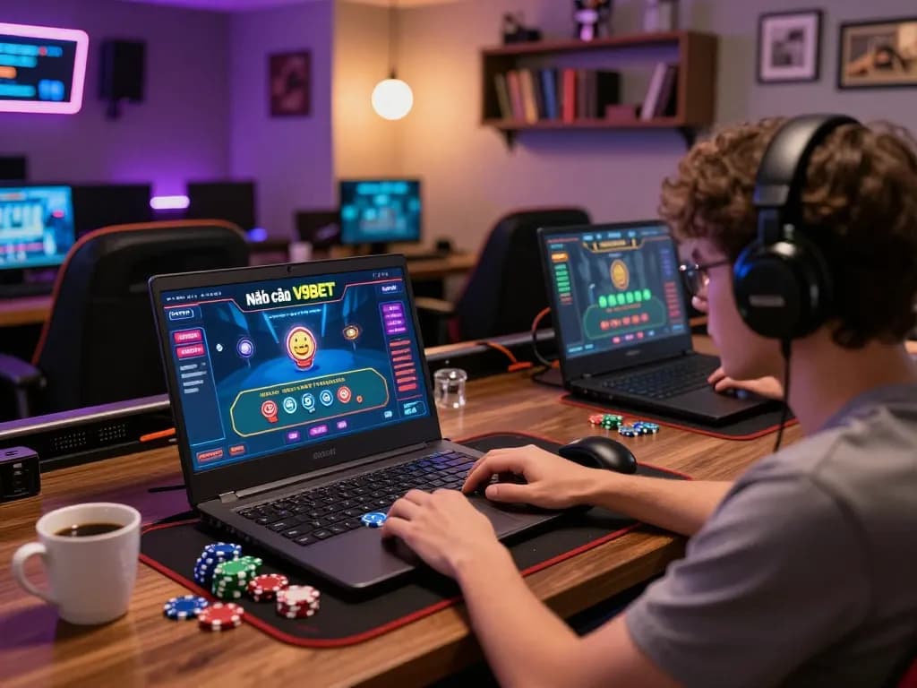 Intense gaming at Nhà cái V9BET with live dealer action on laptop