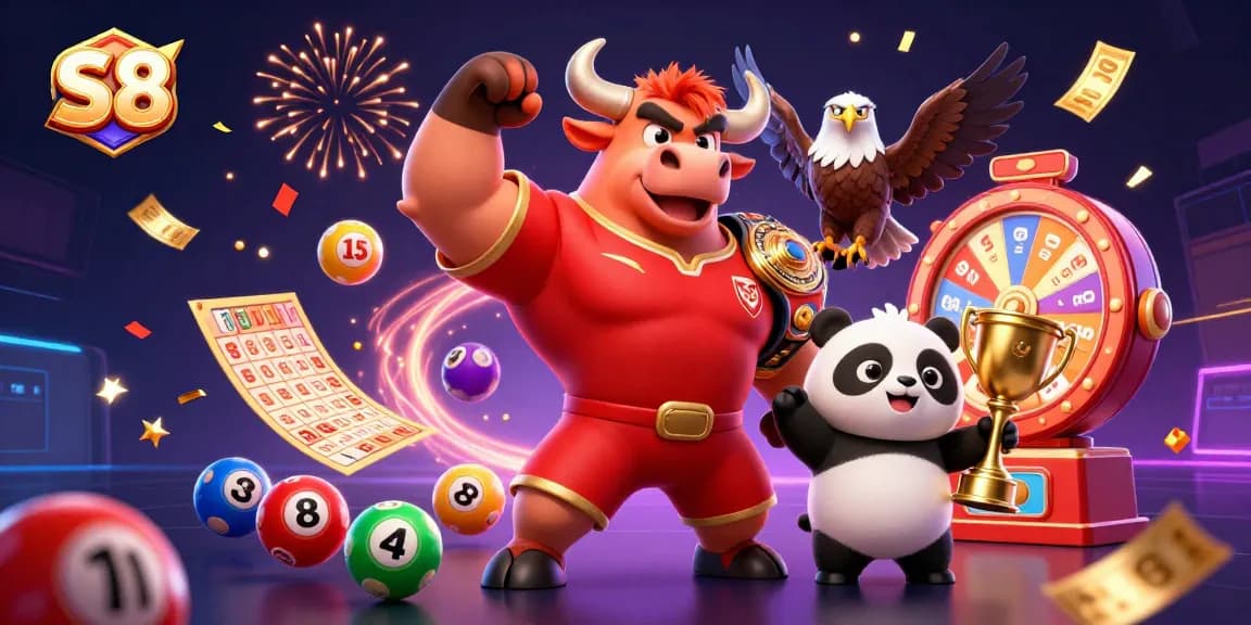 S8 showcases a victory celebration with a bull mascot, eagle, and panda as they engage in thrilling gambling activities.