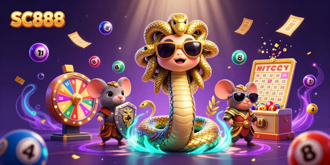 Engage with SC888's thrilling lottery experience featuring Medusa and a warrior mouse in a vibrant casino.