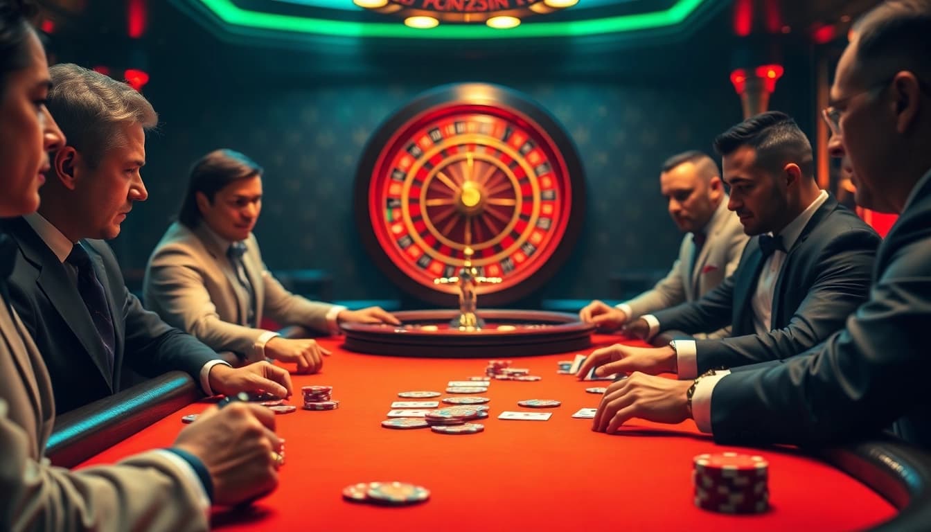 Poker players engrossed in a game at a luxurious casino table related to the hidden wiki 1.