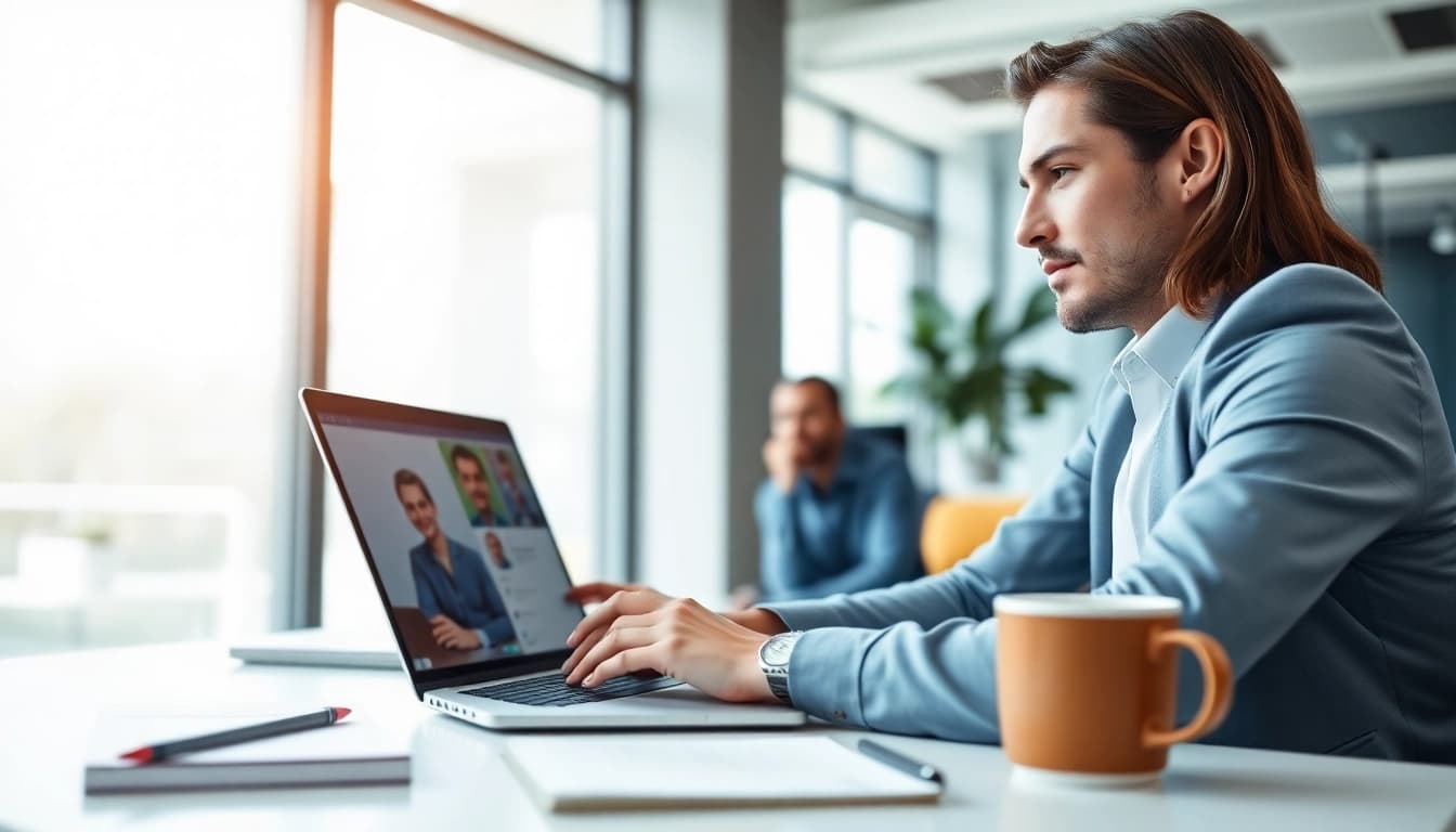 Headhunter IT führt professionelles Gespräch am Laptop in modernem Büro.