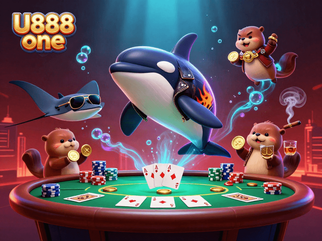 Experience gaming excitement with U888 one featuring whimsical sea characters and poker elements.