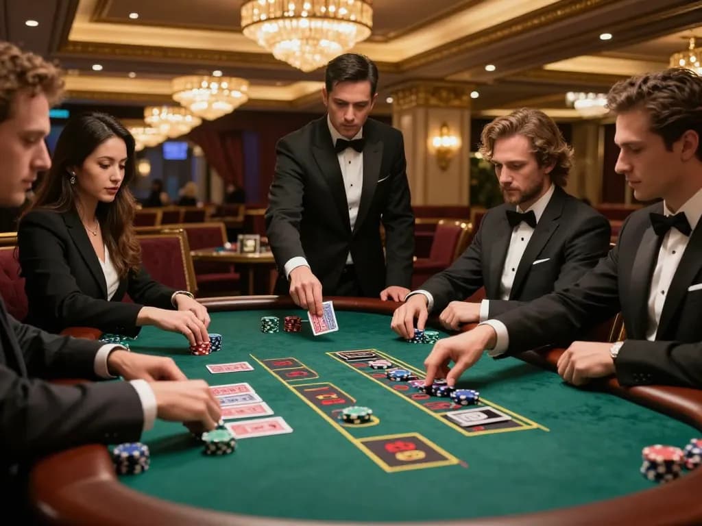 Players engaging in intense blackjack strategy at a casino table, with thrilling atmosphere capturing the essence of 5679 gaming excitement.