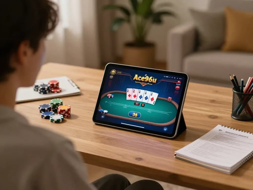 A player enjoying a poker game on Ace96au with a tablet in a cozy home office