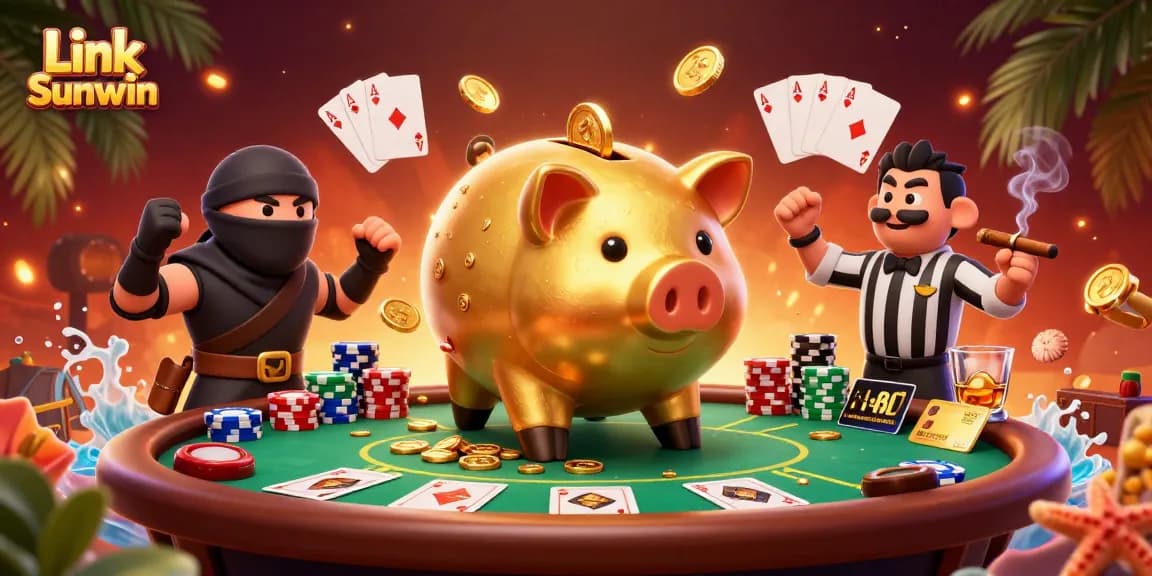 Experience exciting gameplay at Link Sunwin with a dynamic casino scene featuring a giant piggy bank sumo wrestler.