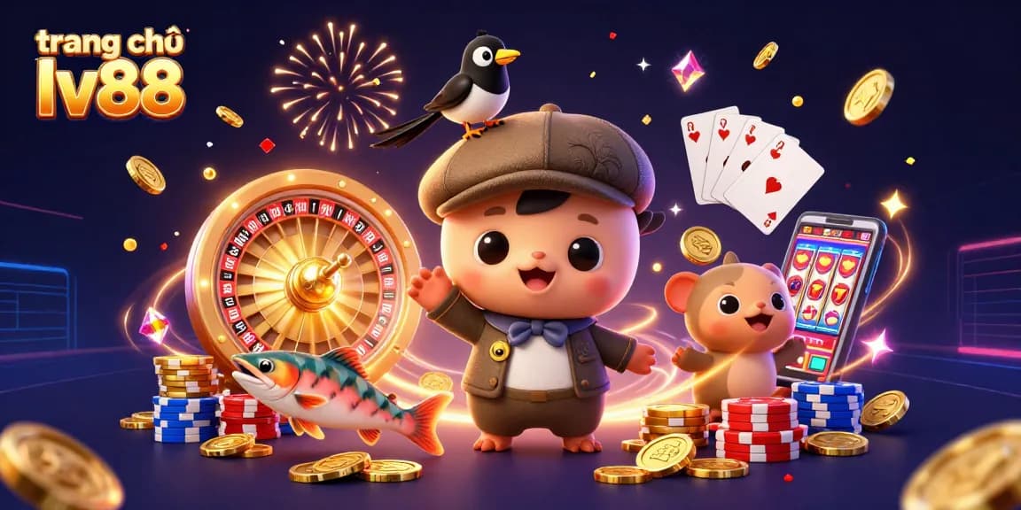 Spin and win with exciting visuals on trang chủ lv88 featuring playful characters, poker chips, and casino elements.