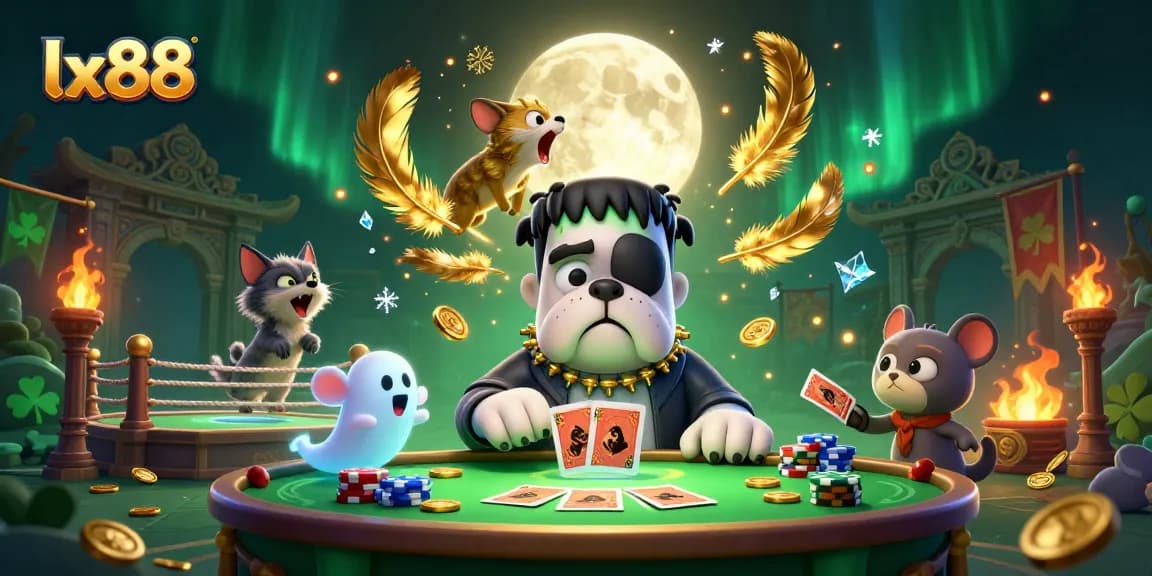 Experience thrilling gameplay at lx88 featuring a Frankenstein bulldog dealer, ghost mouse, and dynamic casino elements.