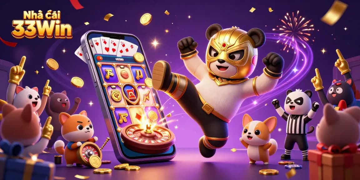 Experience thrilling games at Nhà cái 33Win with cartoon characters playing casino games in a lively setting.