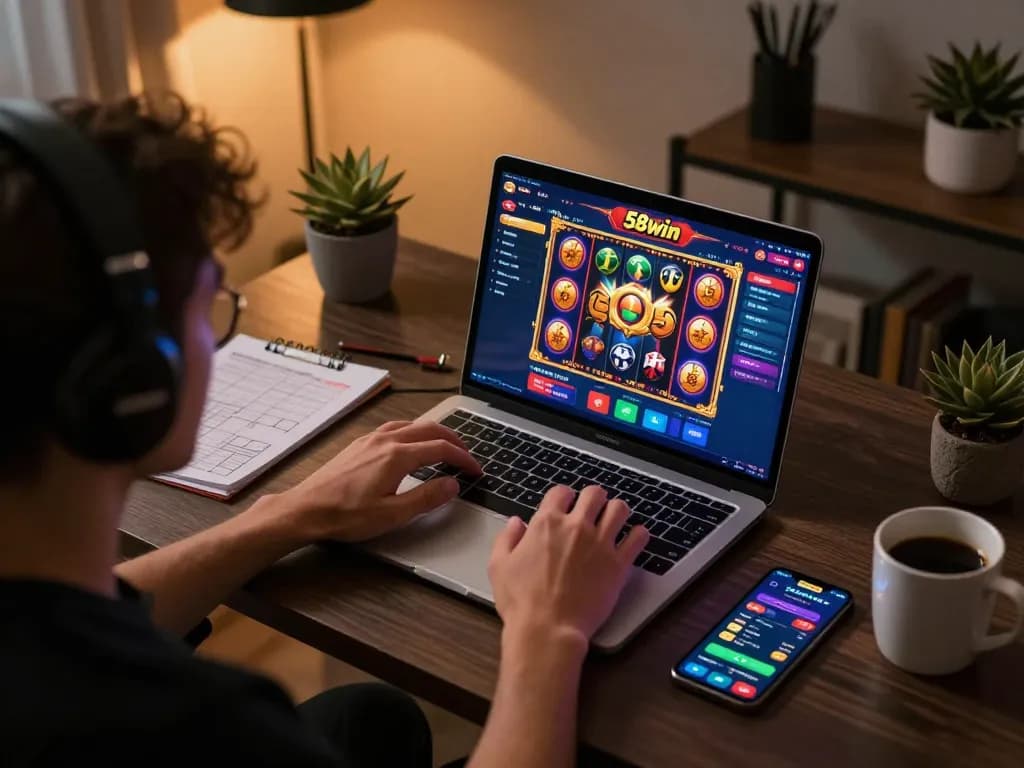 Engaging scene of a user playing the 58win casino app on a laptop, highlighting vibrant online slot game action and strategy.