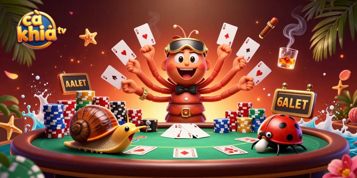 Cà khịa tv showcases a vibrant casino scene with a millipede dealer and excited characters at a full poker table.