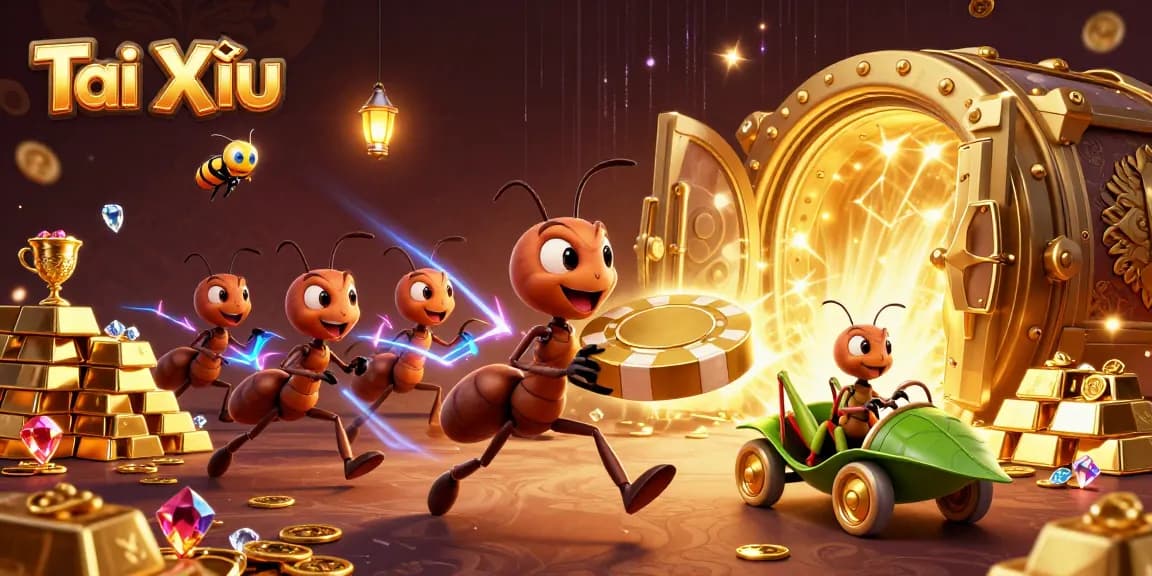 Experience the excitement of Tài Xỉu with cartoon ants heisting a giant poker chip amidst treasure.