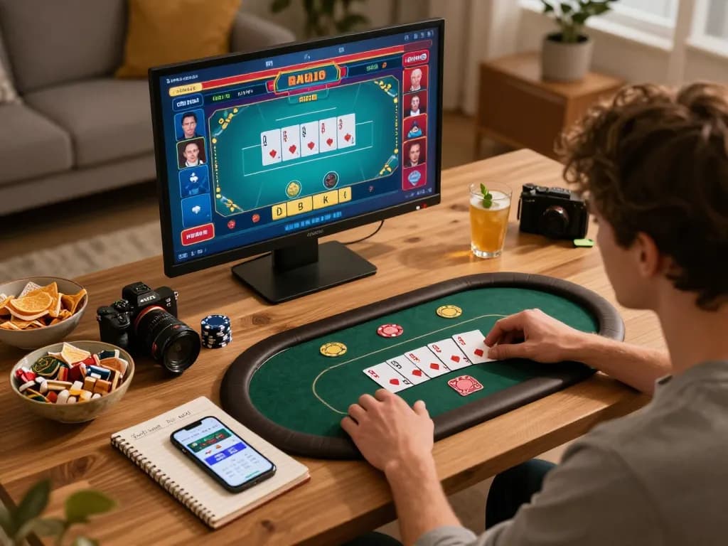Manga-Casino-Spielesitzung zu Hause, die die strategische Pokeroberfläche auf dem Bildschirm und eine gemütliche Atmosphäre zeigt