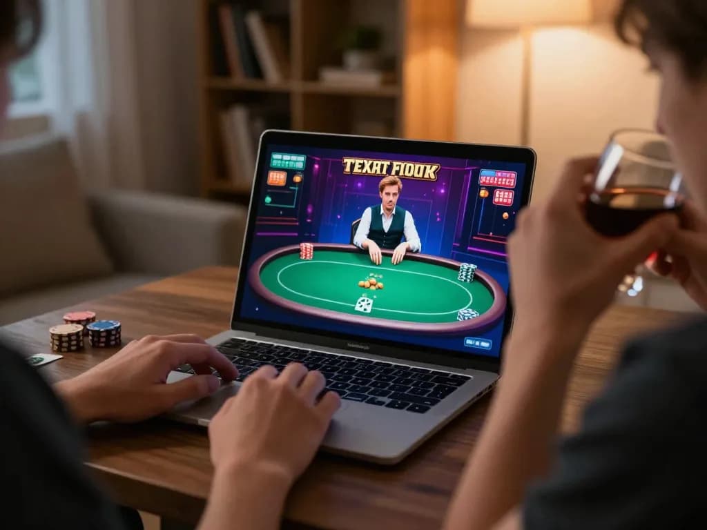Engaging in online poker on F168 trang chính thức in a cozy home environment, laptop displaying vibrant game graphics.