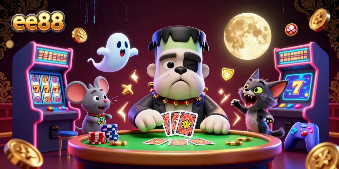 ee88 cartoon monster dealer handling cards at a spooky casino table amidst vibrant game elements