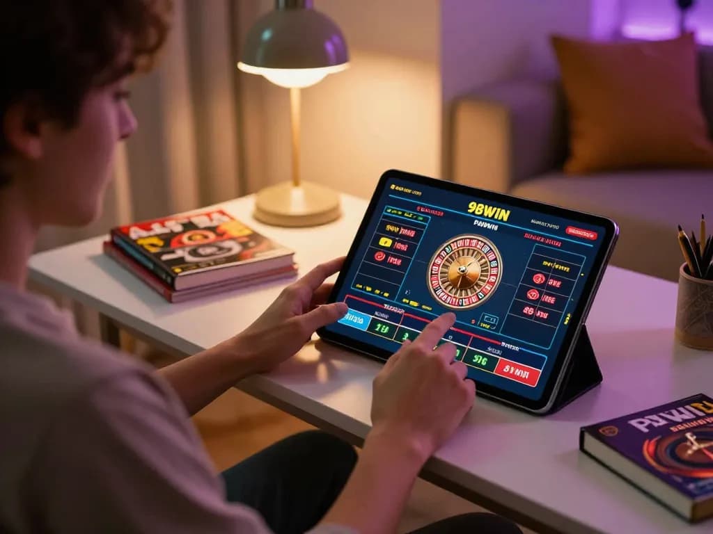 Player using 98winn.net for online gambling on tablet, showcasing engaging casino games and ambiance