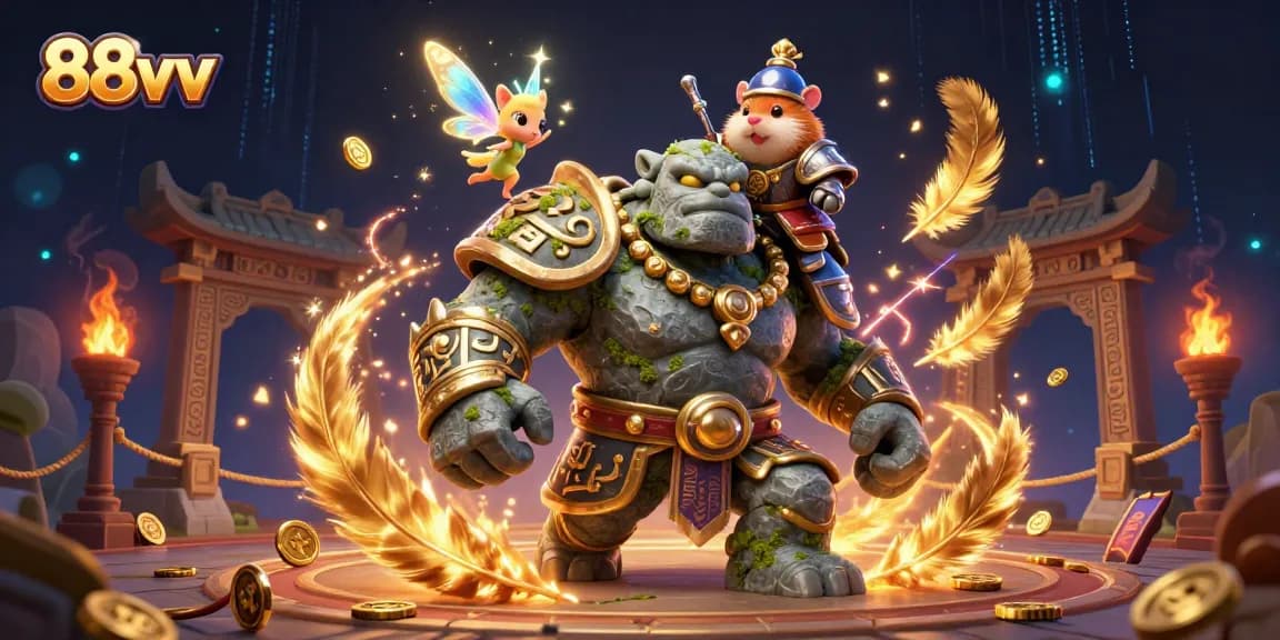 Experience thrilling gameplay with 88vv in an epic casino scene filled with golems and magical elements.