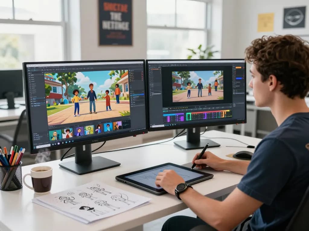 Creative designer using motion AI in a modern office, showcasing animation software and reference video.