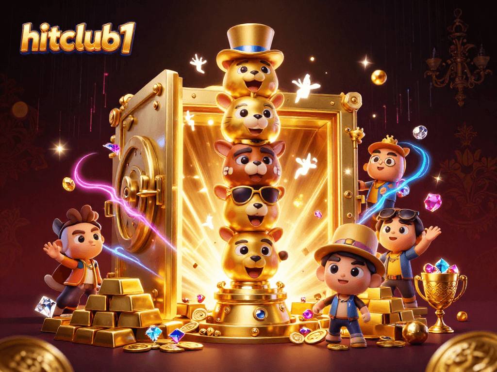 Hitclub1 showcases thrilling casino experiences with a vibrant 3D treasure scene.