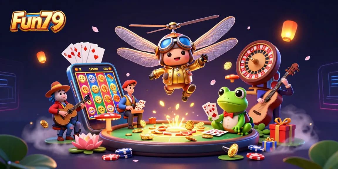 Experience Fun79 with a vibrant visual of a dragonfly pilot at a lily pad casino, showcasing colorful slot games and engaging croupiers.