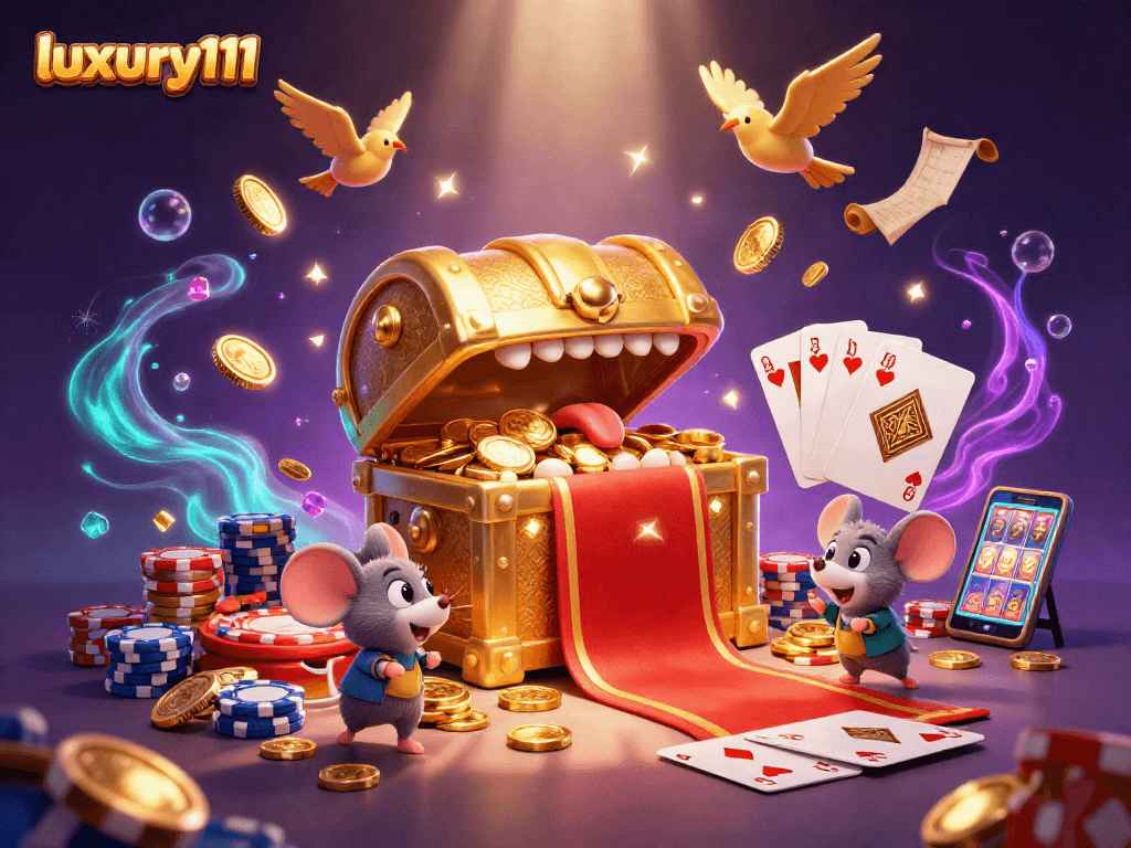 Engage in exciting gameplay with luxury111 surrounded by golden coins and vibrant casino elements.