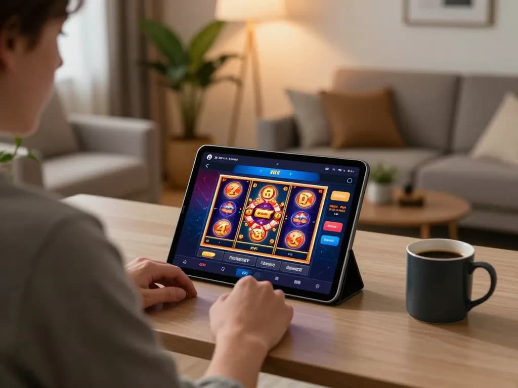 Engaging online gambling at https://bet88.company/ with a player using a tablet for slot games