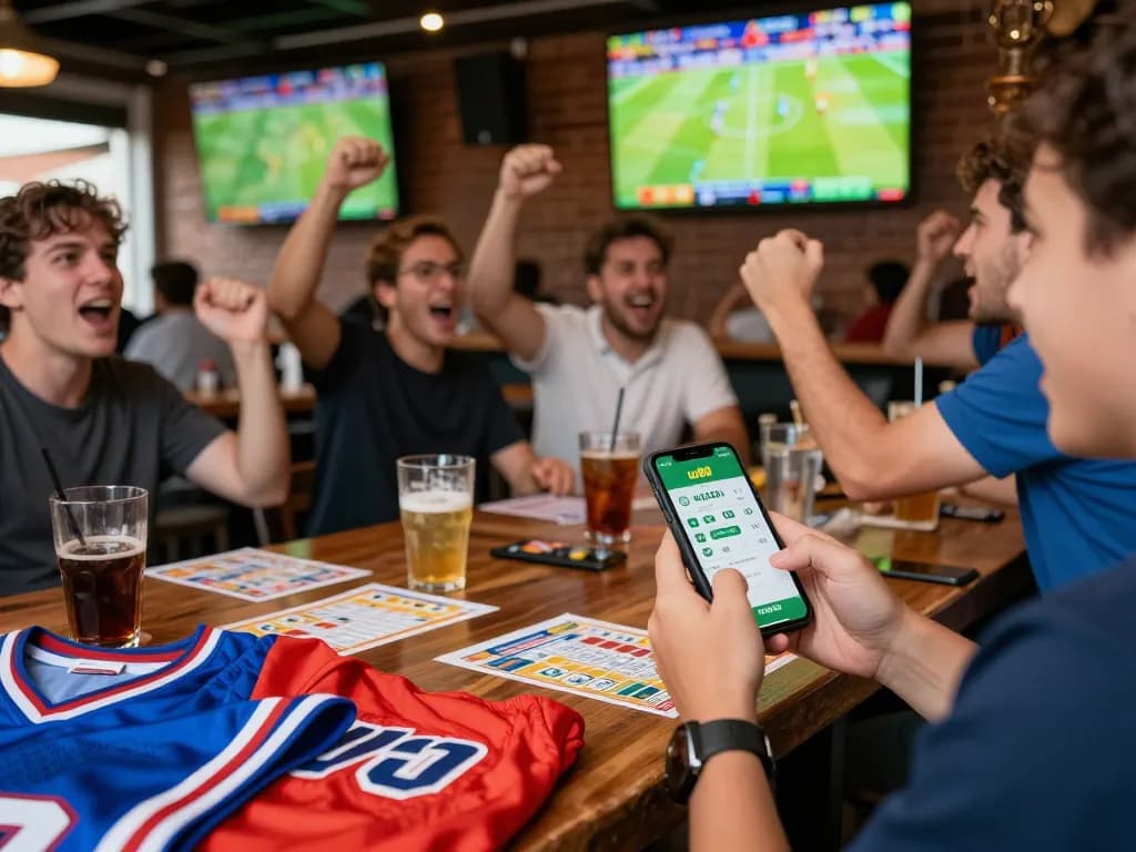 People enjoying sports betting with the uu88 app on their smartphones in an exciting sports bar.