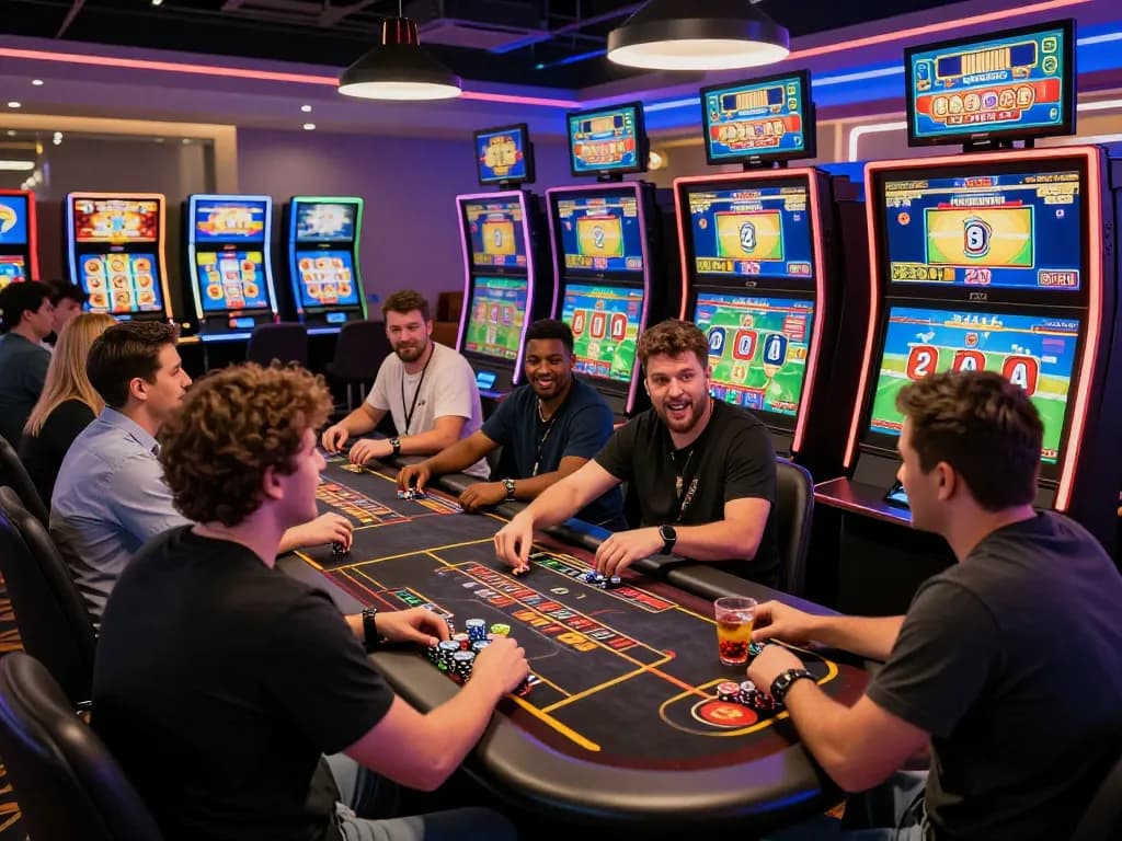 Exciting O8 online gambling scene with diverse players at gaming stations, enjoying live casino and sports betting.