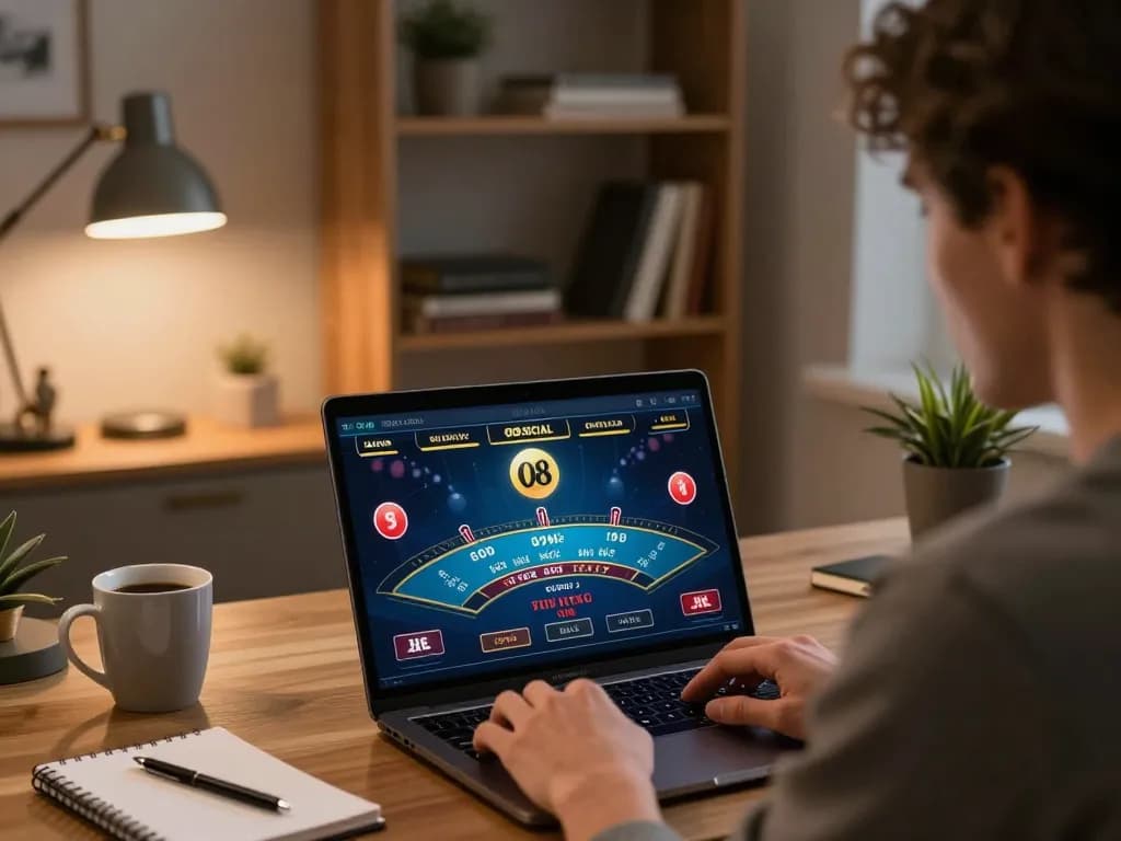 Engaging gambler focused on O8 SOCIAL live dealer game in stylish home office.