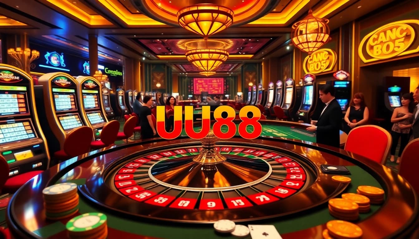 UU88 logo centered in a luxurious casino scene with poker chips, cards, and slot machines.